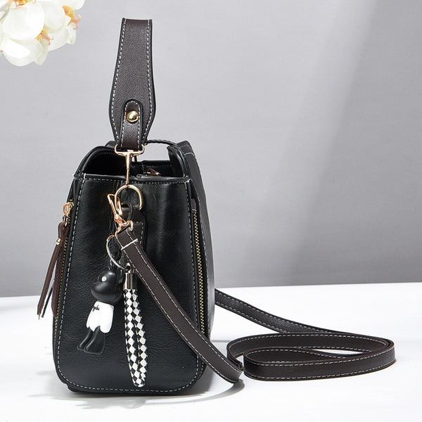 Faux PU Leather Crossbody Shoulder Bucket Bag Handbag Keychain Black