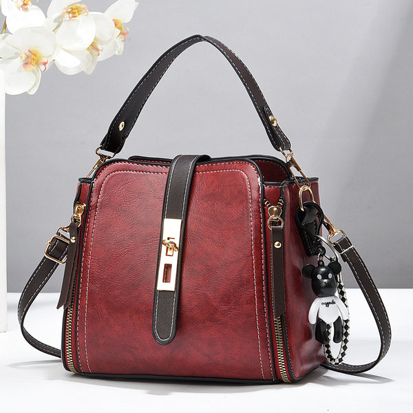 Faux PU Leather Crossbody Shoulder Bucket Bag Handbag Keychain Wine Red