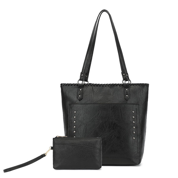 Faux PU Leather Tote Shoulder Bag Detachable Pouch Black