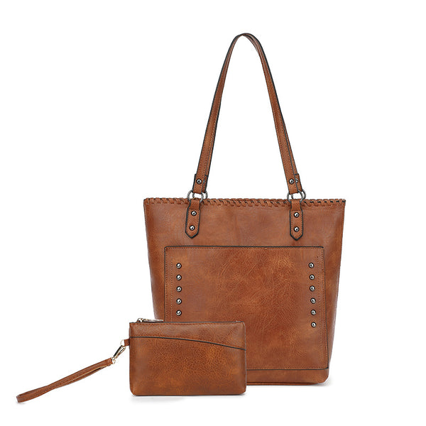 Faux PU Leather Tote Shoulder Bag Detachable Pouch Brown