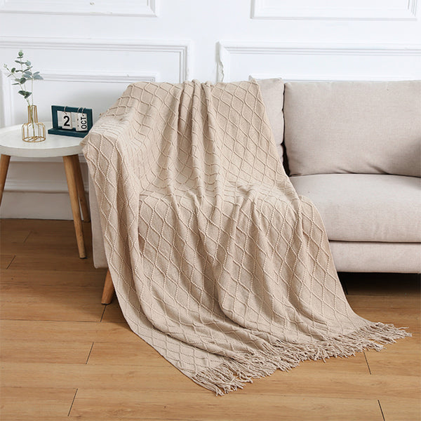 Acrylic Knitted Diamond Throw Blanket Rug Tassels 130 x 230cm Khaki