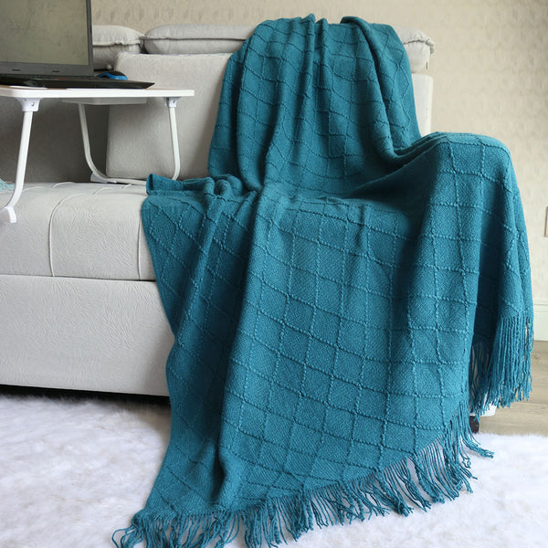 Acrylic Knitted Diamond Throw Blanket Rug Tassels 130 x 230cm Blue