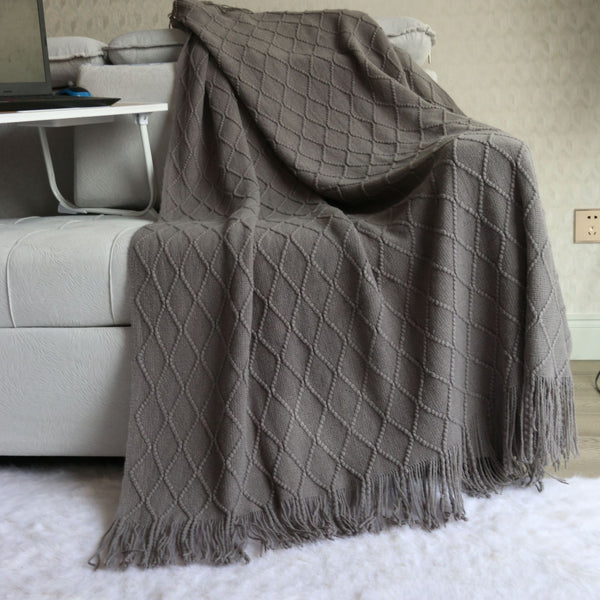 Acrylic Knitted Diamond Throw Blanket Rug Tassels 130 x 230cm Dark Grey