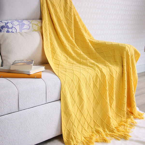 Acrylic Knitted Diamond Throw Blanket Rug Tassels 130 x 230cm Turmeric Yellow