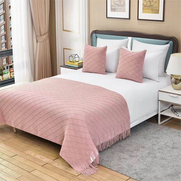 Acrylic Knitted Diamond Throw Blanket Rug Tassels 130 x 230cm Turmeric Yellow