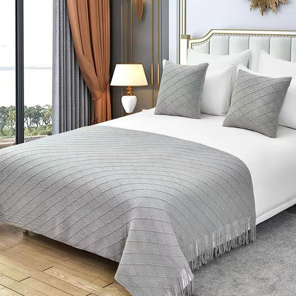 Acrylic Knitted Diamond Throw Blanket Rug Tassels 130 x 230cm Light Grey