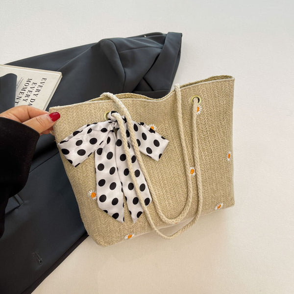Straw Look Woven Tote Shoulder Bag Daisy Embroidery Ribbon Scarf Summer