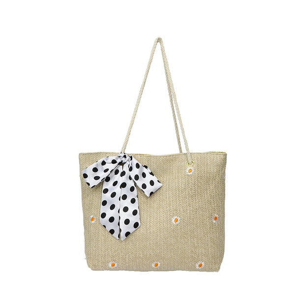 Straw Look Woven Tote Shoulder Bag Daisy Embroidery Ribbon Scarf Summer