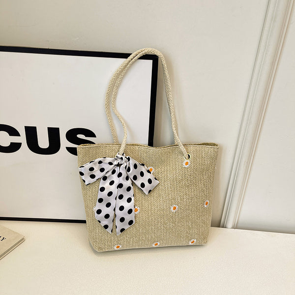 Straw Look Woven Tote Shoulder Bag Daisy Embroidery Ribbon Scarf Summer