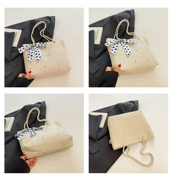 Straw Look Woven Tote Shoulder Bag Daisy Embroidery Ribbon Scarf Summer