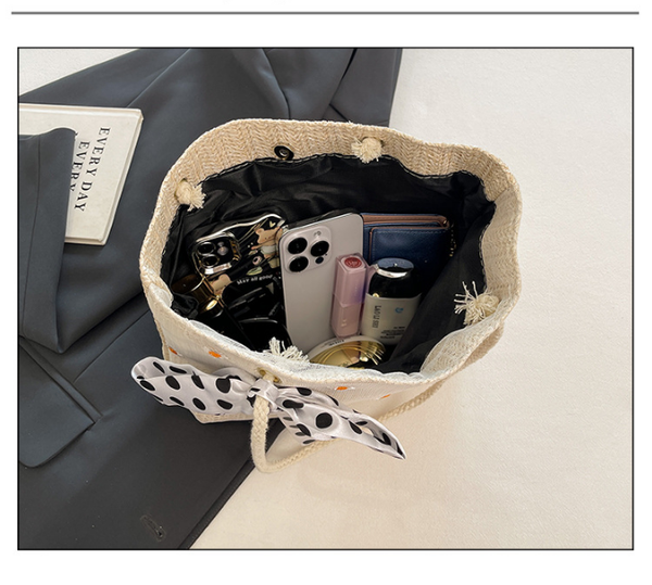 Straw Look Woven Tote Shoulder Bag Daisy Embroidery Ribbon Scarf Summer