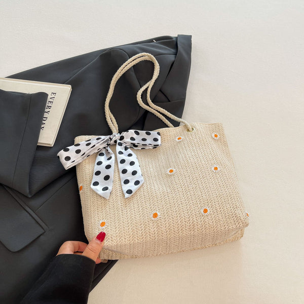 Straw Look Woven Tote Shoulder Bag Daisy Embroidery Ribbon Scarf Summer