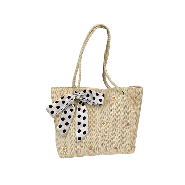 Straw Look Woven Tote Shoulder Bag Daisy Embroidery Ribbon Scarf Summer