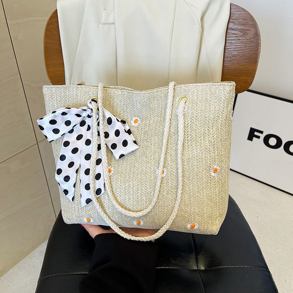 Straw Look Woven Tote Shoulder Bag Daisy Embroidery Ribbon Scarf Summer