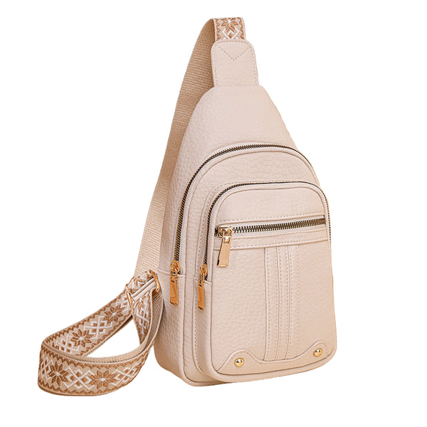 Faux PU Leather Sling Crossbody Chest Bag Purse Adjustable Boho Strap Off White