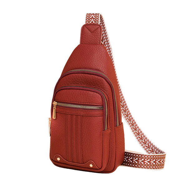 Faux PU Leather Sling Crossbody Chest Bag Purse Adjustable Boho Strap Red