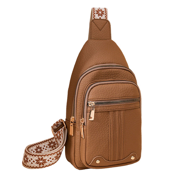 Faux PU Leather Sling Crossbody Chest Bag Purse Adjustable Boho Strap Khaki