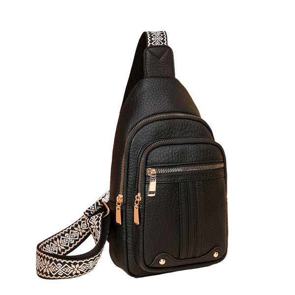 Faux PU Leather Sling Crossbody Chest Bag Purse Adjustable Boho Strap Black