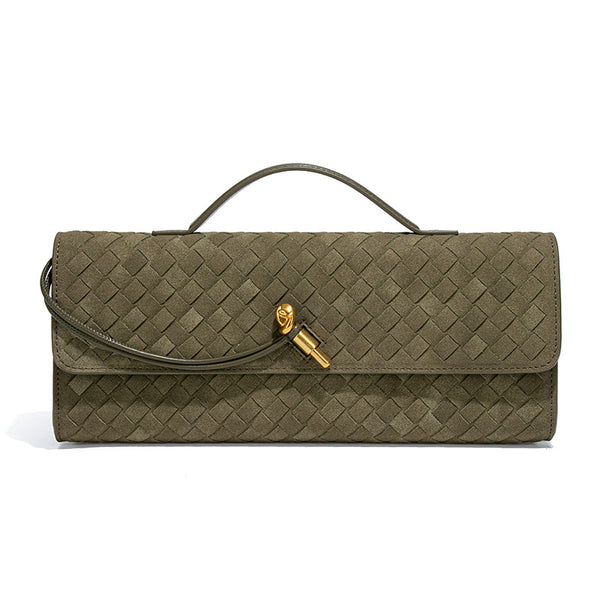 Faux PU Leather Woven Baguette Clutch Shoulder Crossbody Bag Handbag Olive