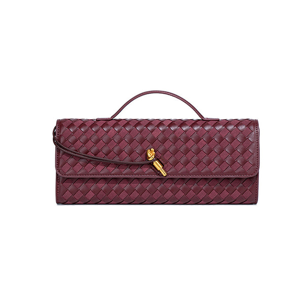 Faux PU Leather Woven Baguette Clutch Shoulder Crossbody Bag Handbag Burgundy