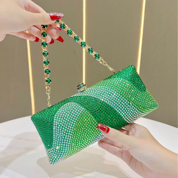 Rhinestone Crystal Evening Clutch Bag Purse Chain Strap Wedding Party Prom Green