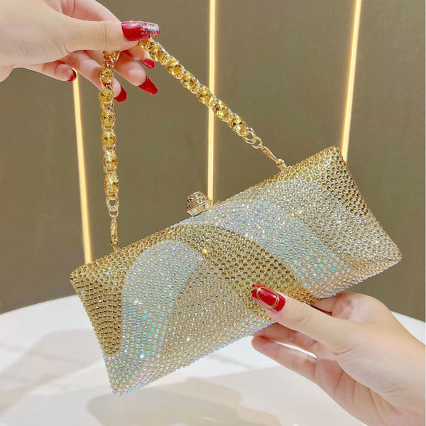 Rhinestone Crystal Evening Clutch Bag Purse Chain Strap Wedding Party Prom Gold