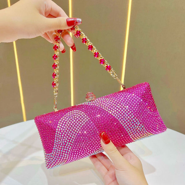 Rhinestone Crystal Evening Clutch Bag Purse Chain Strap Wedding Party Prom Rose Red