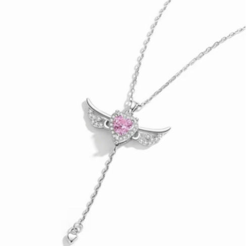 Sterling Silver Angel Wings Necklace Pink Heart Crystal Tassel Drop Adjustable