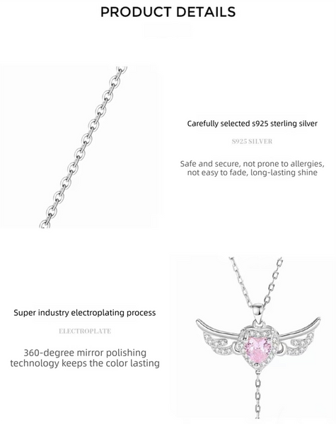 Sterling Silver Angel Wings Necklace Pink Heart Crystal Tassel Drop Adjustable