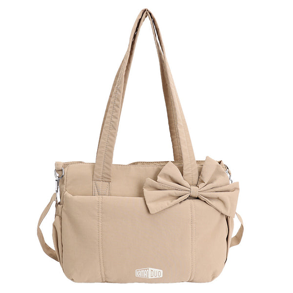 Quilted Nylon Shoulder Crossbody Top Handle Bag Bowknot Multi Pocket Khaki