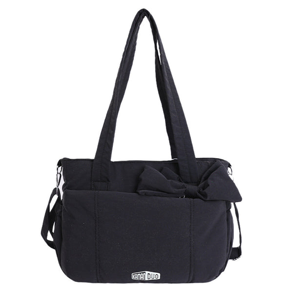 Quilted Nylon Shoulder Crossbody Top Handle Bag Bowknot Multi Pocket Black