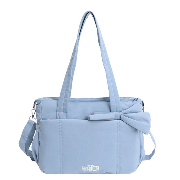 Quilted Nylon Shoulder Crossbody Top Handle Bag Bowknot Multi Pocket Blue
