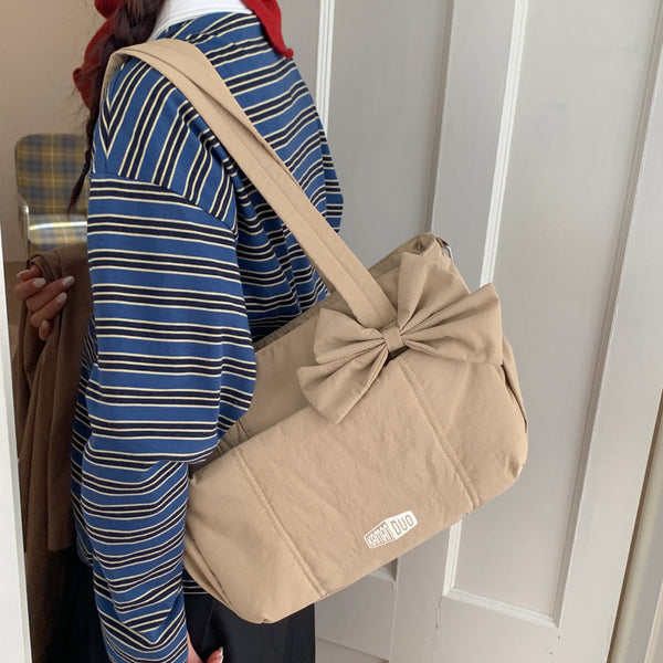 Quilted Nylon Shoulder Crossbody Top Handle Bag Bowknot Multi Pocket Blue
