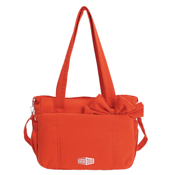 Quilted Nylon Shoulder Crossbody Top Handle Bag Bowknot Multi Pocket Red