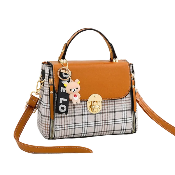 Faux PU Leather Crossbody Shoulder Top Handle Handbag Bag Checkered Brown