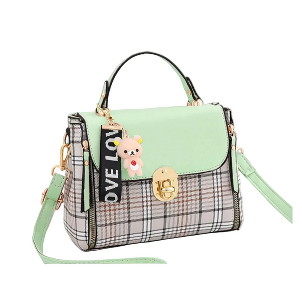 Faux PU Leather Crossbody Shoulder Top Handle Handbag Bag Checkered Light Green