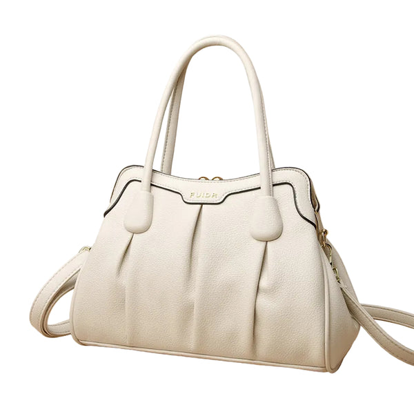 Faux PU Leather Top Handle Crossbody Shoulder Bag Vintage Style Kiss Lock Off White