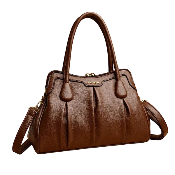 Faux PU Leather Top Handle Crossbody Shoulder Bag Vintage Style Kiss Lock Brown