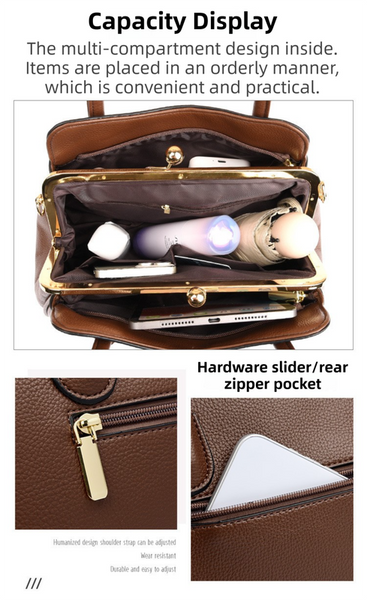 Faux PU Leather Top Handle Crossbody Shoulder Bag Vintage Style Kiss Lock Brown