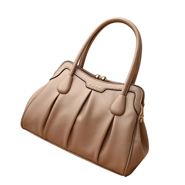 Faux PU Leather Top Handle Crossbody Shoulder Bag Vintage Style Kiss Lock Khaki