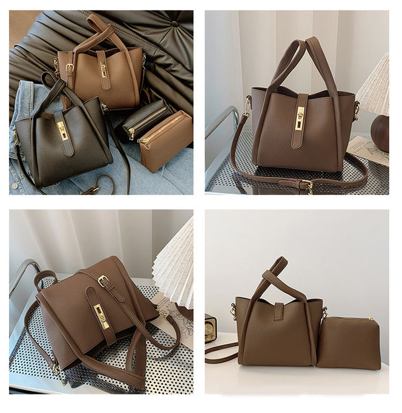 2 Pce Faux PU Leather Bucket Crossbody Handbag Bag Inner Pouch Beige