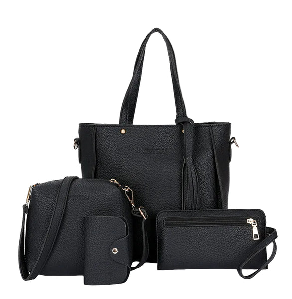 4 Pce Faux PU Leather Tote Shoulder Crossbody Clutch Card Holder Bag Set Black
