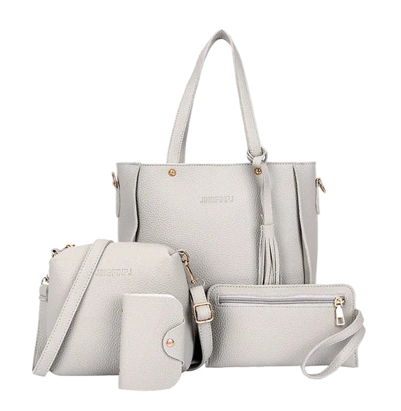 4 Pce Faux PU Leather Tote Shoulder Crossbody Clutch Card Holder Bag Set Grey