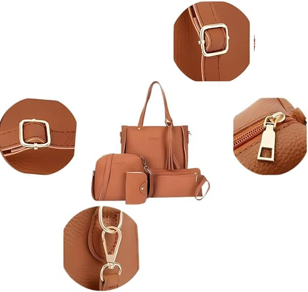 4 Pce Faux PU Leather Tote Shoulder Crossbody Clutch Card Holder Bag Set Grey