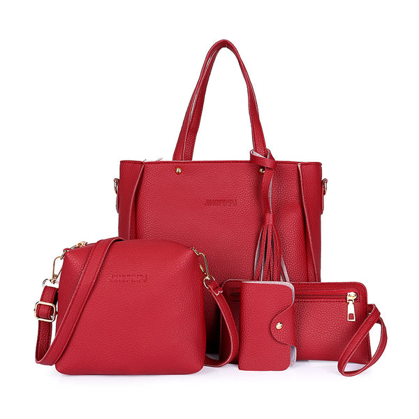 4 Pce Faux PU Leather Tote Shoulder Crossbody Clutch Card Holder Bag Set Red