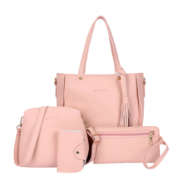 4 Pce Faux PU Leather Tote Shoulder Crossbody Clutch Card Holder Bag Set Pink