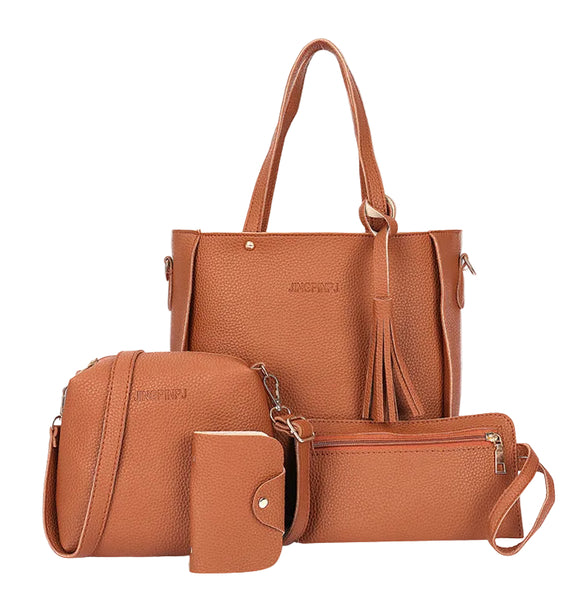 4 Pce Faux PU Leather Tote Shoulder Crossbody Clutch Card Holder Bag Set Brown