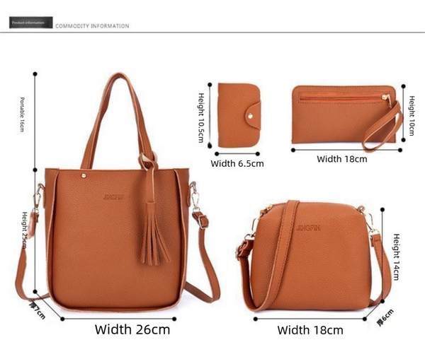 4 Pce Faux PU Leather Tote Shoulder Crossbody Clutch Card Holder Bag Set Brown