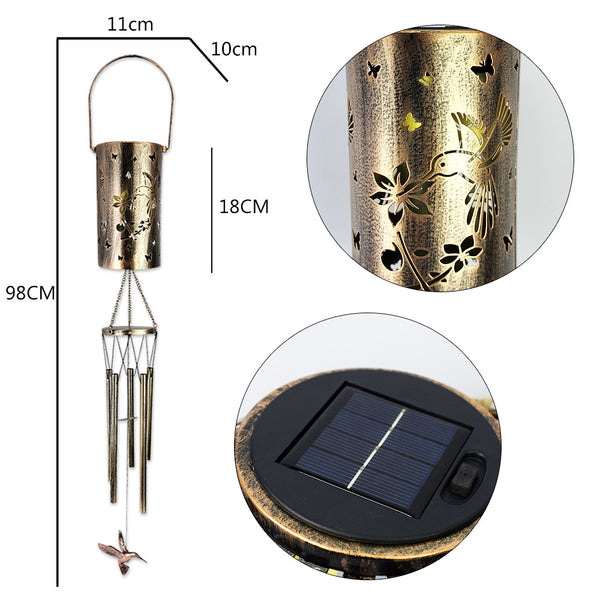 Solar Wind Chime Windchime Lantern Projection Waterproof Light Metal Hummingbird