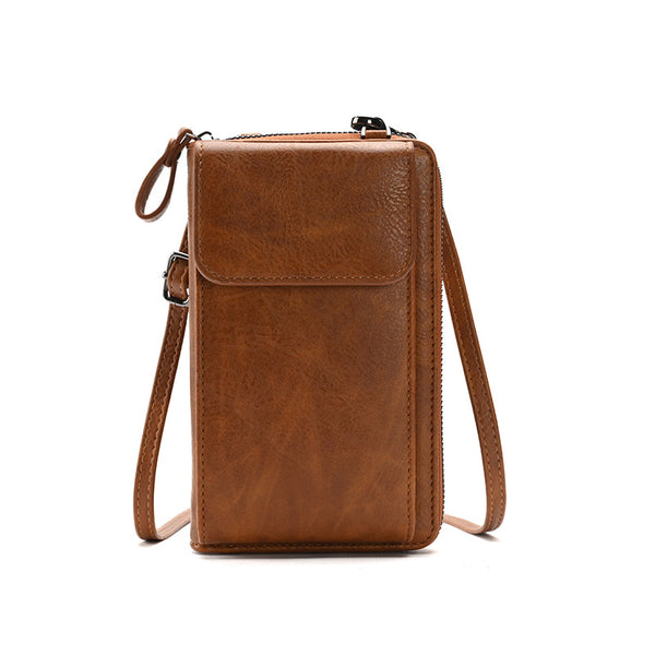 Faux PU Leather Mini Crossbody Shoulder Phone Purse Bag Multi Pocket Brown